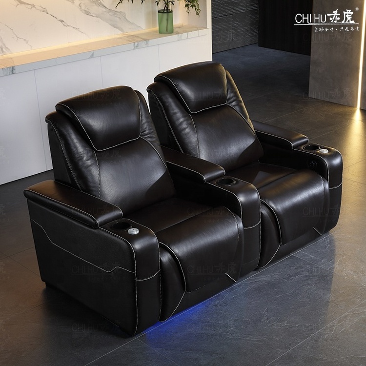 Popular comfortable gray recliner theater seating home use theater automatic theater chairs real leather 2 seater sofas for sale