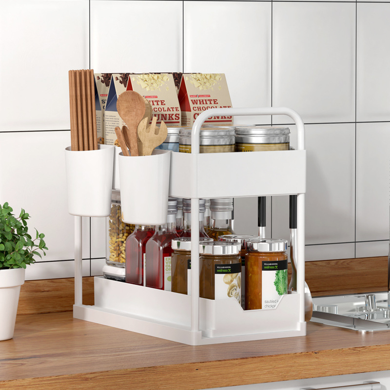 Under Sink Shelf Organizer 2 Tier Sliding Bathroom Organizer Cabinet Storage with Hooks Hanging Cups Handles