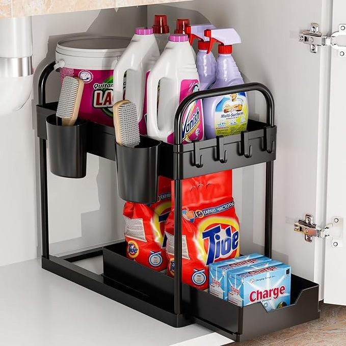 Under Sink Shelf Organizer 2 Tier Sliding Bathroom Organizer Cabinet Storage with Hooks Hanging Cups Handles