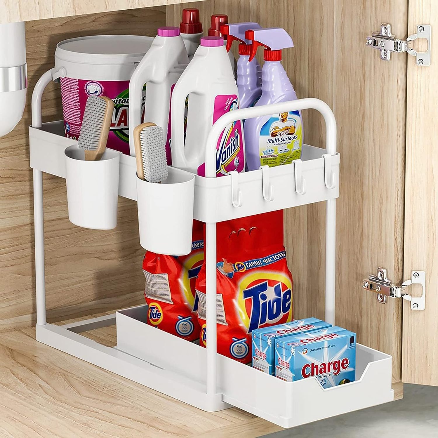 Under Sink Shelf Organizer 2 Tier Sliding Bathroom Organizer Cabinet Storage with Hooks Hanging Cups Handles