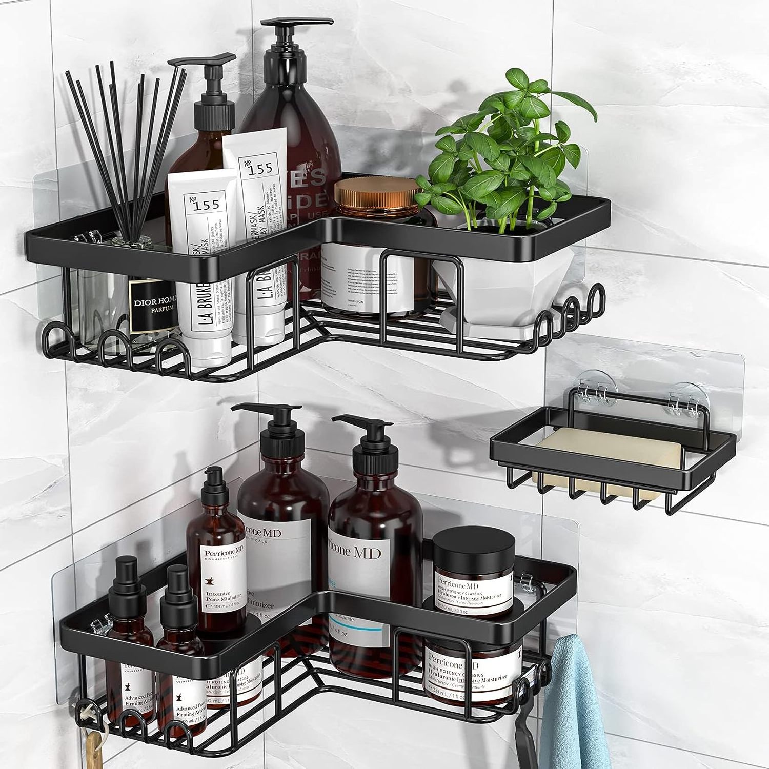 Corner Shower Caddy Adhesive Shower Caddy with Soap Holder and 12 Hooks Wall Mounted Shower Rack