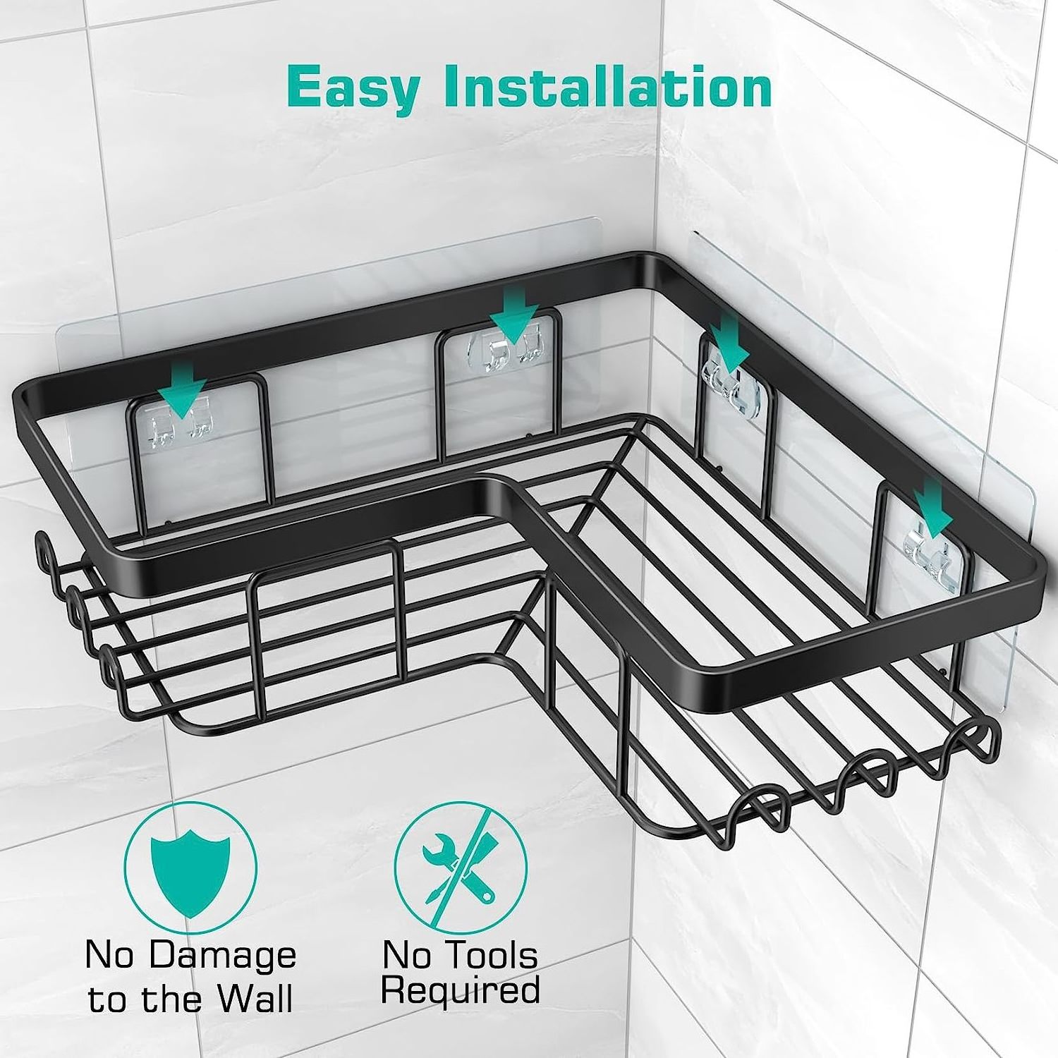 Corner Shower Caddy Adhesive Shower Caddy with Soap Holder and 12 Hooks Wall Mounted Shower Rack