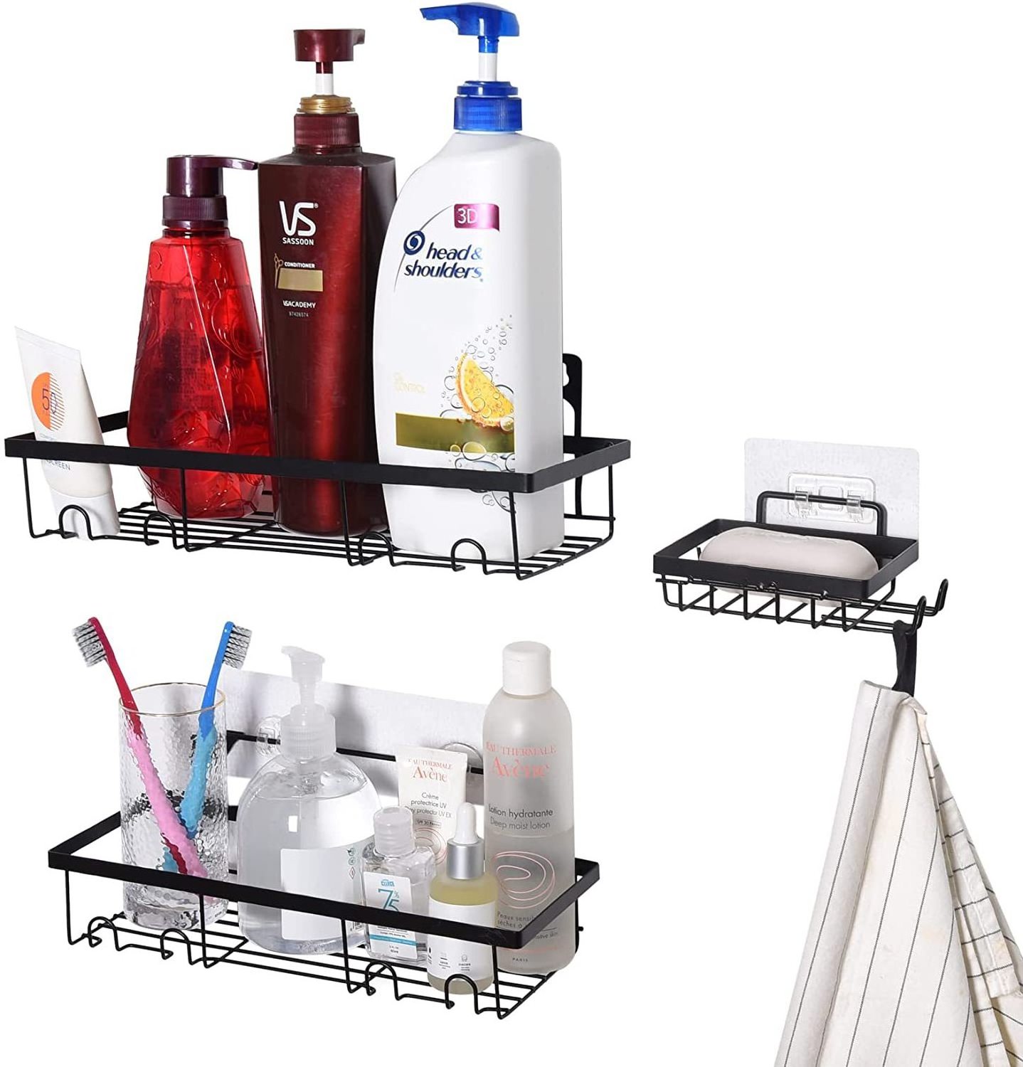 Shower Caddy Shelves Organizer Rack 4 PCS Set Self-Adhesive Black Bathroom shelf wall mounted storage organizer