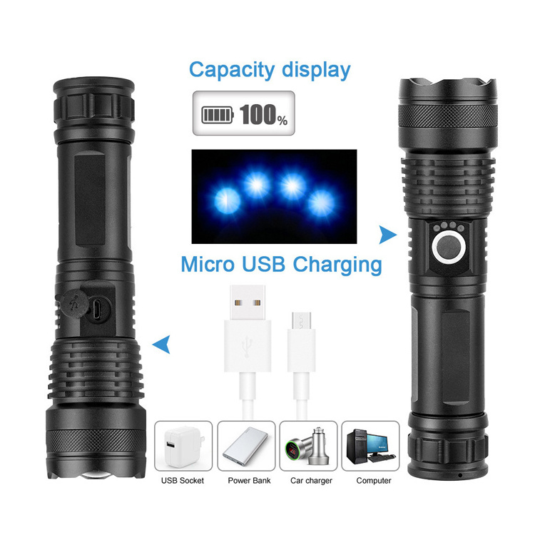 Factory Supply High Lumen Long Range 5 Lighting mode 18650 battery XHP50 Tactical  USB Rechargeable Flashlight with plastic case