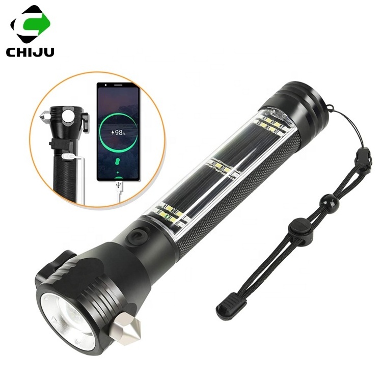 Multifunctional self-defense security rechargeable Safety Hammer camping alarm solar powered led flashlight with power bank horn