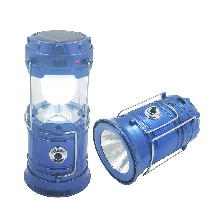 Outdoor Portable Plastic 6+1W Led hanging camping solar powered rechargeable lantern lamp light with gold black blue foldable