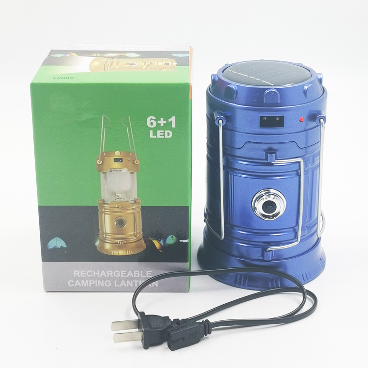 Outdoor Portable Plastic 6+1W Led hanging camping solar powered rechargeable lantern lamp light with gold black blue foldable