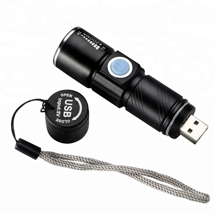 Zoom Dimmer LED Pocket Flashlight With USB Charger Portable LED Light Torch