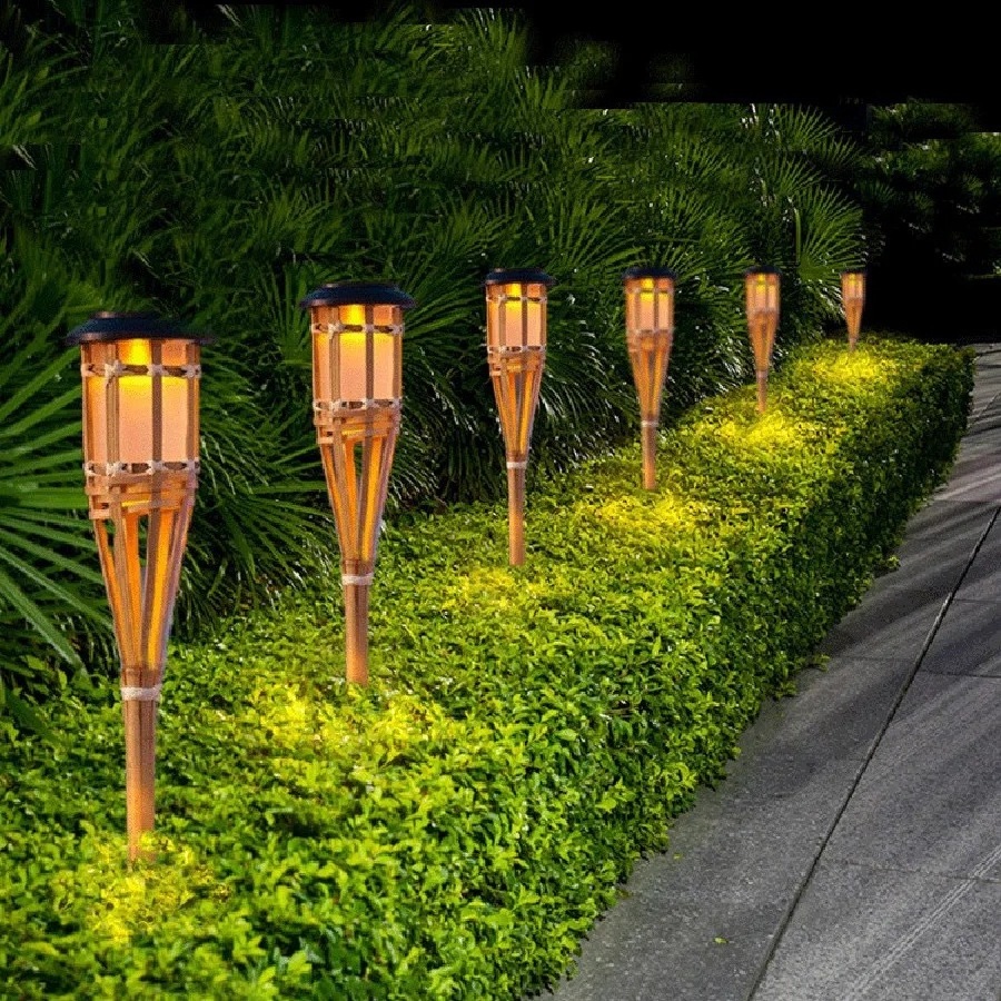 Bamboo Pole solar flame flickering led lights lighting garden outdoor torch lamp out