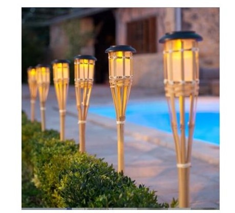 Bamboo Pole solar flame flickering led lights lighting garden outdoor torch lamp out