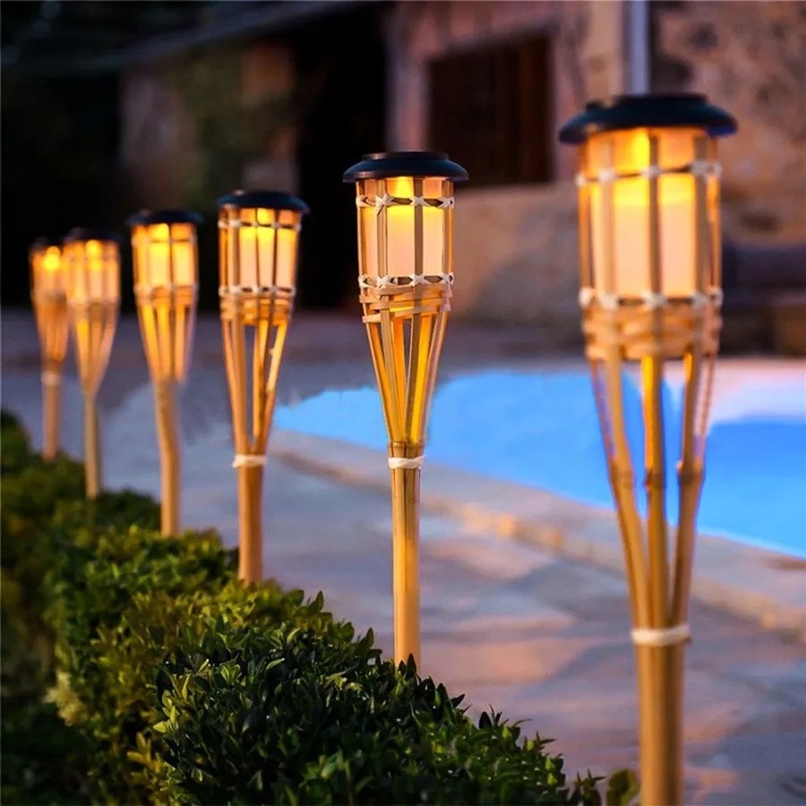 Bamboo Pole solar flame flickering led lights lighting garden outdoor torch lamp out