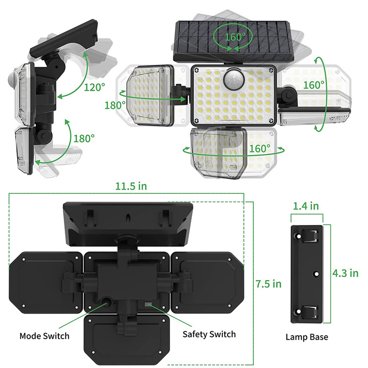 Waterproof 181 LED Flood Light Detected Spotlight 4 Heads Security Solar Powered Motion Sensor Lights Outdoor