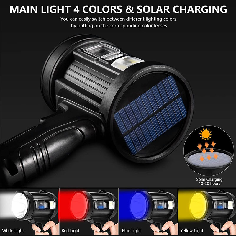 New Design USB Rechargeable Detachable Red Light Filter Power Bank solar Handheld Spotlights with Cob Warning Lamp