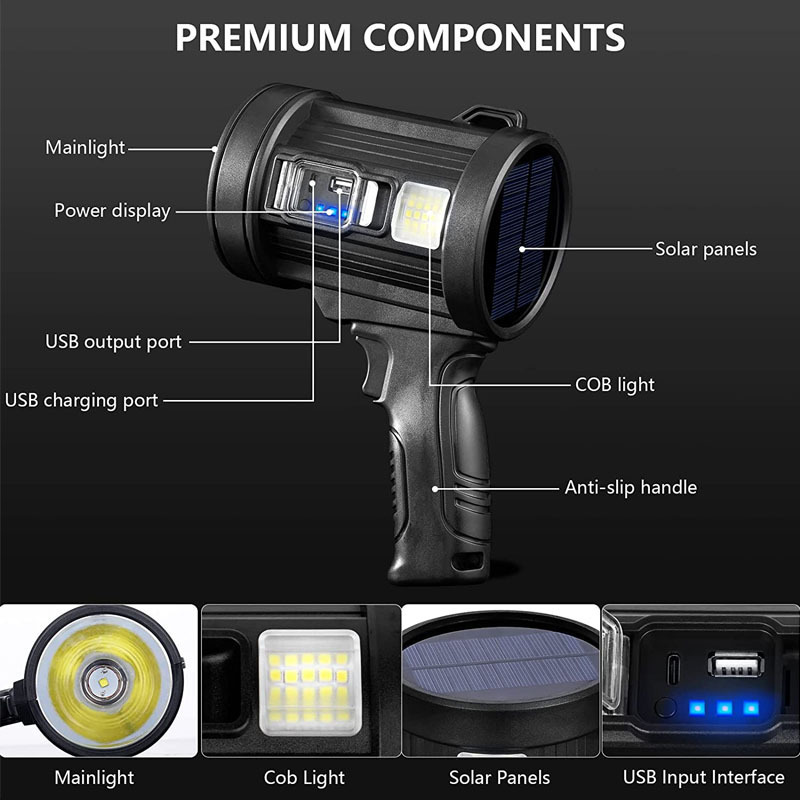 New Design USB Rechargeable Detachable Red Light Filter Power Bank solar Handheld Spotlights with Cob Warning Lamp