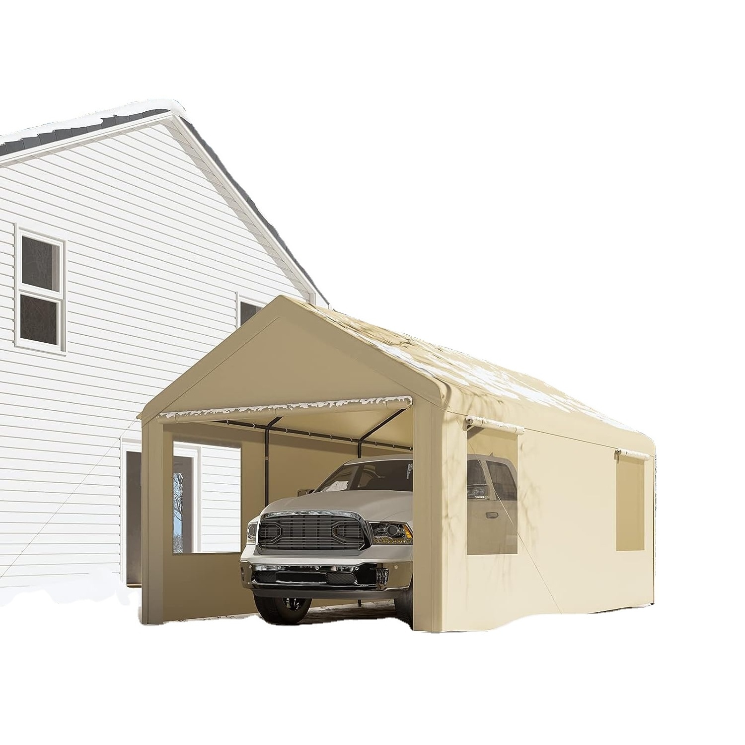 10' X 20' Car Storage Carport Garage Canopy Shelter Tent With Sidewalls White Galvanized Poles For Carport