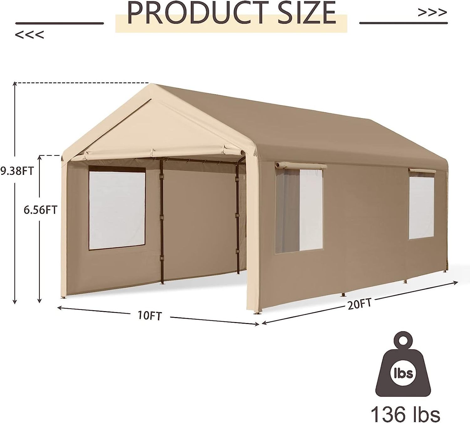 10' X 20' Car Storage Carport Garage Canopy Shelter Tent With Sidewalls White Galvanized Poles For Carport