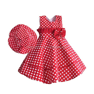 In boutique luxurious princess girl modern clothes red polka dots frock design with hat infant baby girl dresses