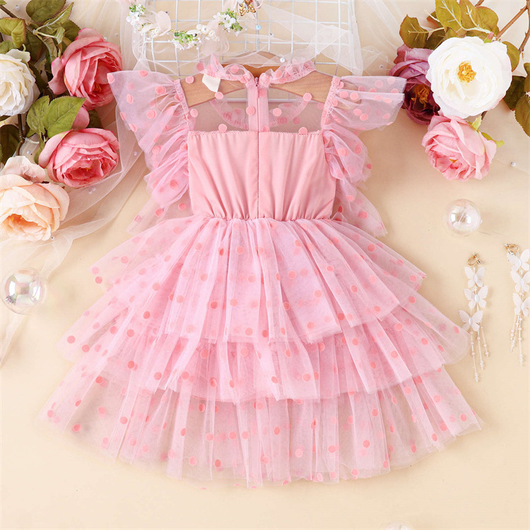 Children'S Dress Flying Sleeve Polka Dot Printed Cake Mesh Princess Style Skirt For Girls