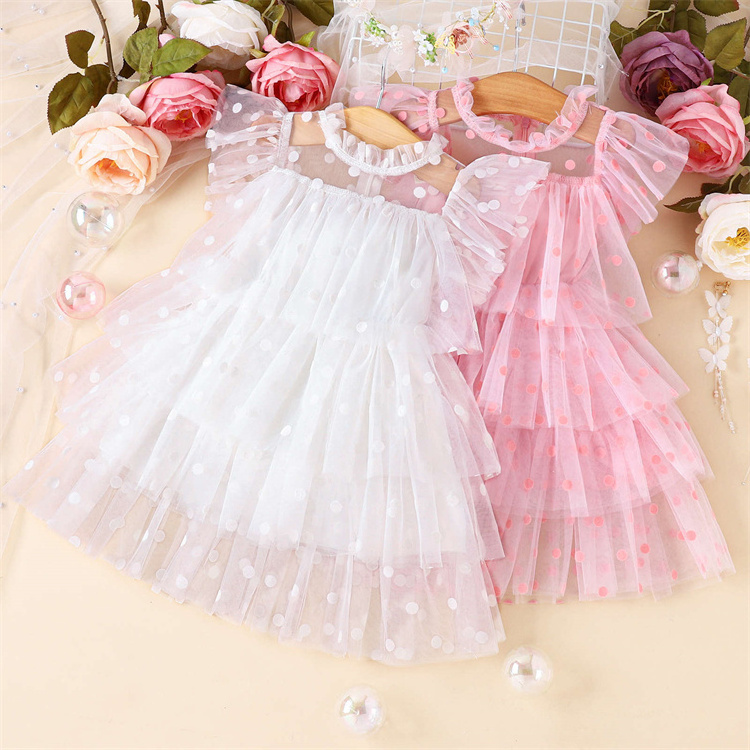 Children'S Dress Flying Sleeve Polka Dot Printed Cake Mesh Princess Style Skirt For Girls