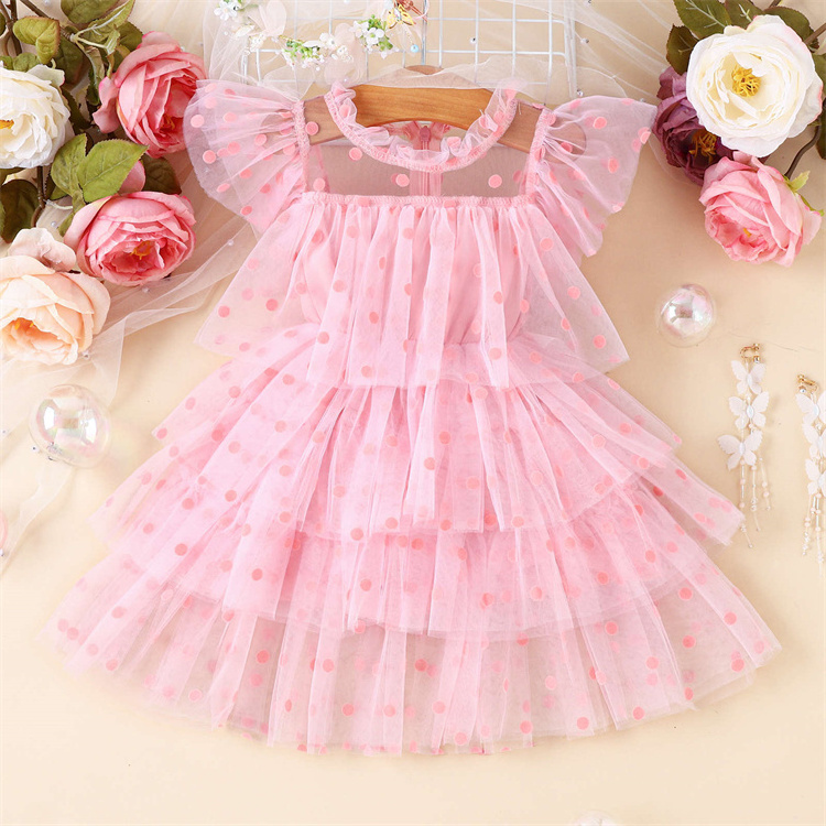 Children'S Dress Flying Sleeve Polka Dot Printed Cake Mesh Princess Style Skirt For Girls