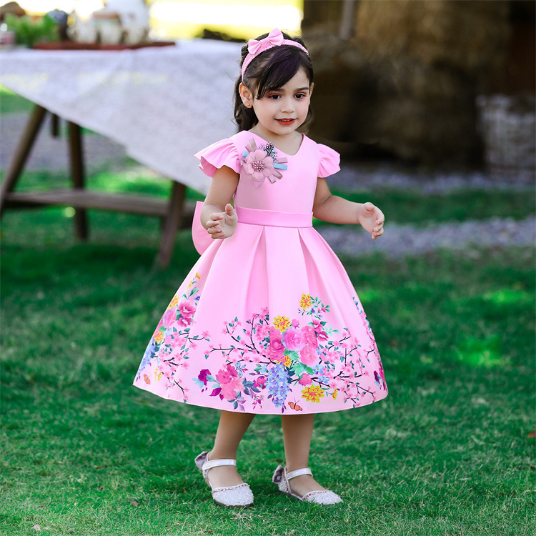 Girl'S Printed Dress Princess Dress KidS First Birthday Dress Wholesale Send Head Hoop