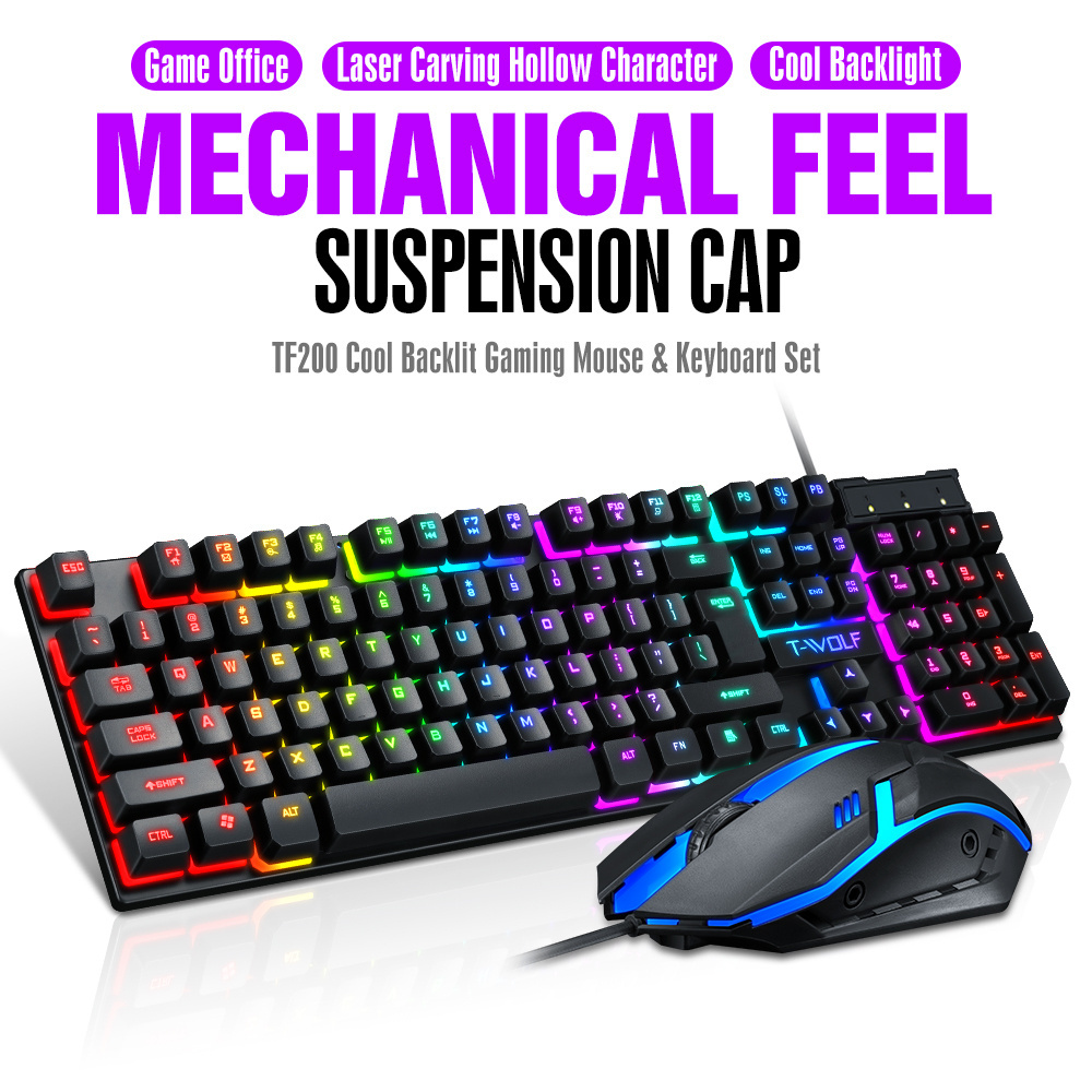 Best Selling Rainbow Colorful Backlit Wired Keyboard and Mouse with RGB LED Light Mechanical Gaming Keyboard Mouse Combos