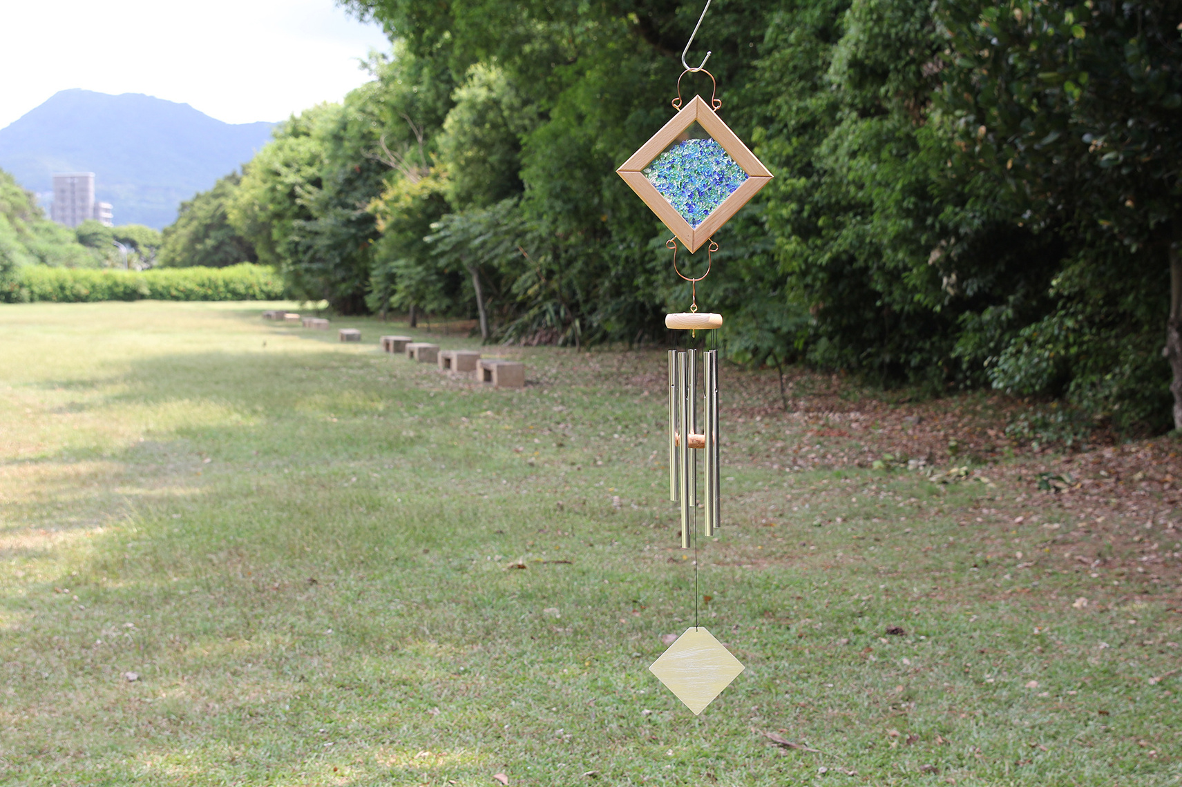 Eco-Friendly 38-Inch Ocean-Inspired Glass and Driftwood Wind Chime with Recycled Metal Accents for Coastal and Garden Decor