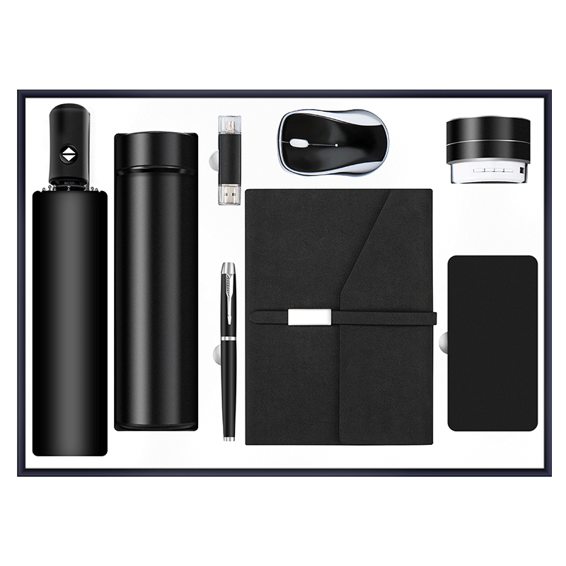 Customized engraving style power bank+notebook+vacuum cup+ pen+ USB flash drive+mouse+umbrella+ Bluetooth speaker gift set ideas