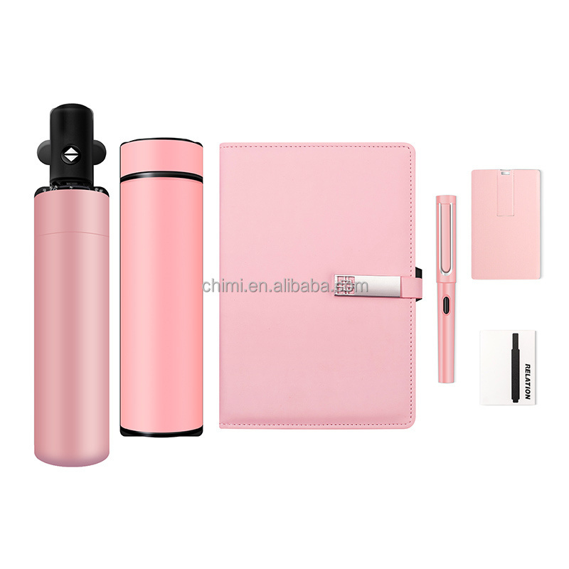 High-end corporate luxury Umbrella + flask + A5 notebook + fountain pen + usb + ink refill corporate promotional 6 in 1 gift set