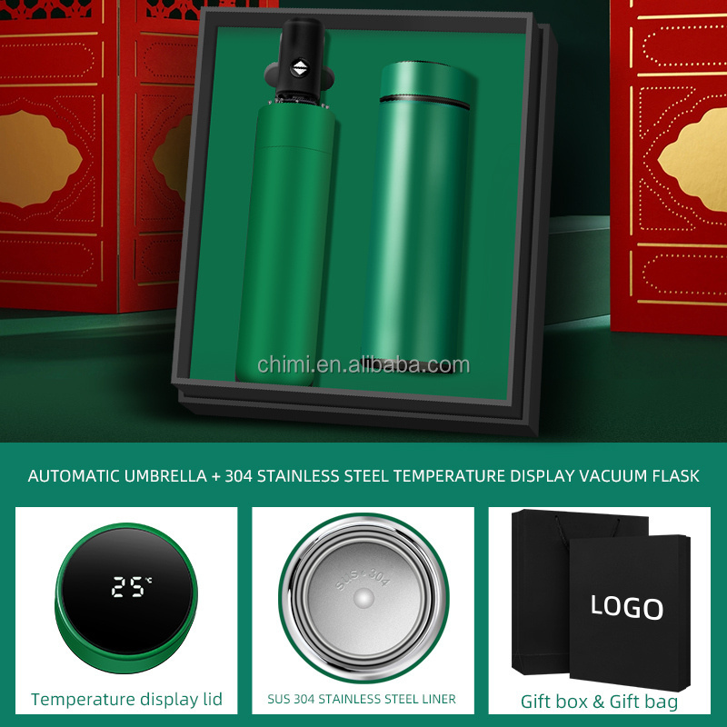 2023 Company Green Color New Arrival Umbrella and Flask Promotional Gift Business Gifts Set Employee Gift Set for Office