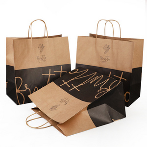 10" x 5" x 13" 50Pcs/pack Durable Reusable Merchandise Retail Kraft paper Bags With Handles Sac en papier kraft