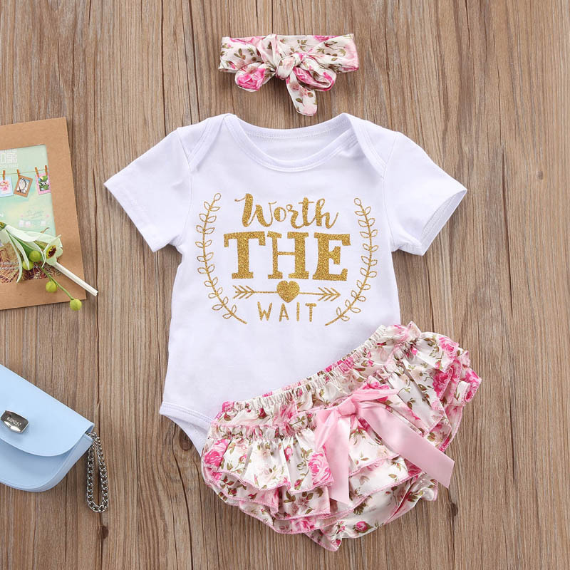 3PCS/Set Cute Newborn Baby Girl Clothes  Worth The Wait Baby Bodysuit Romper+Ruffles Tutu Skirted Shorts Headband Outfits