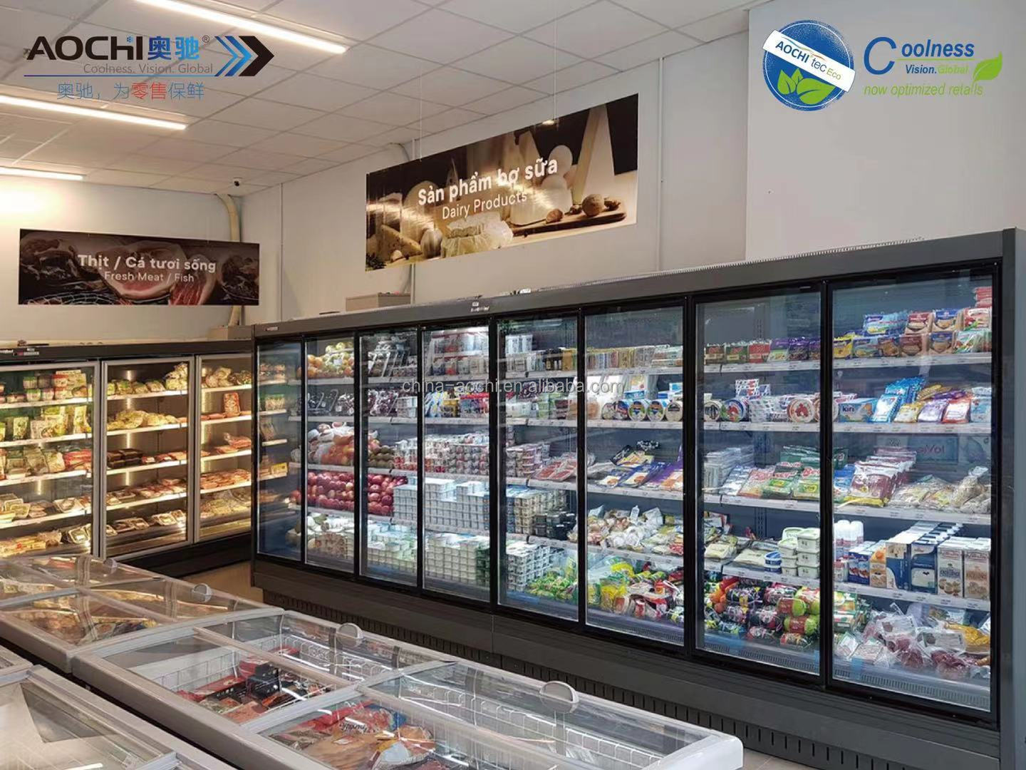 Supermarket commercial refrigerator curved glass meat display chiller deli case can be customized