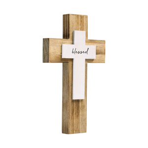 Wall Hanging Handmade Nature Wood Color craft Cross with Blessed Design for Church Home Room Decor Wood Crucifix Gift