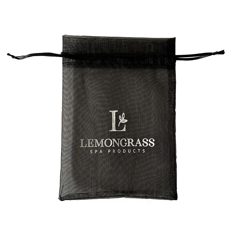 Custom Logo printed Black drawstring Organza Beauty Collection bags