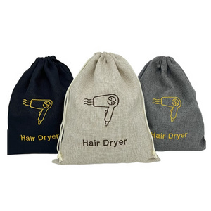 Custom Logo Printing Multi Colors and Sizes Drawstring Jute Linen Hair dryer Bags For Home & Hotel