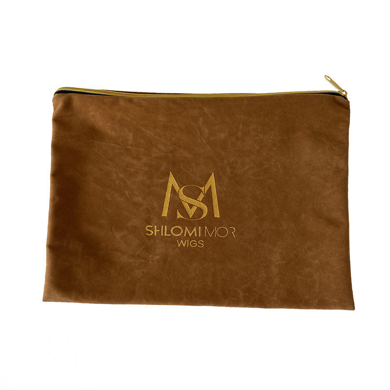 Accept Customized Logo 25x35cm Luxury Brown Velvet Hair Zipper Pouches Wig Gift Bags