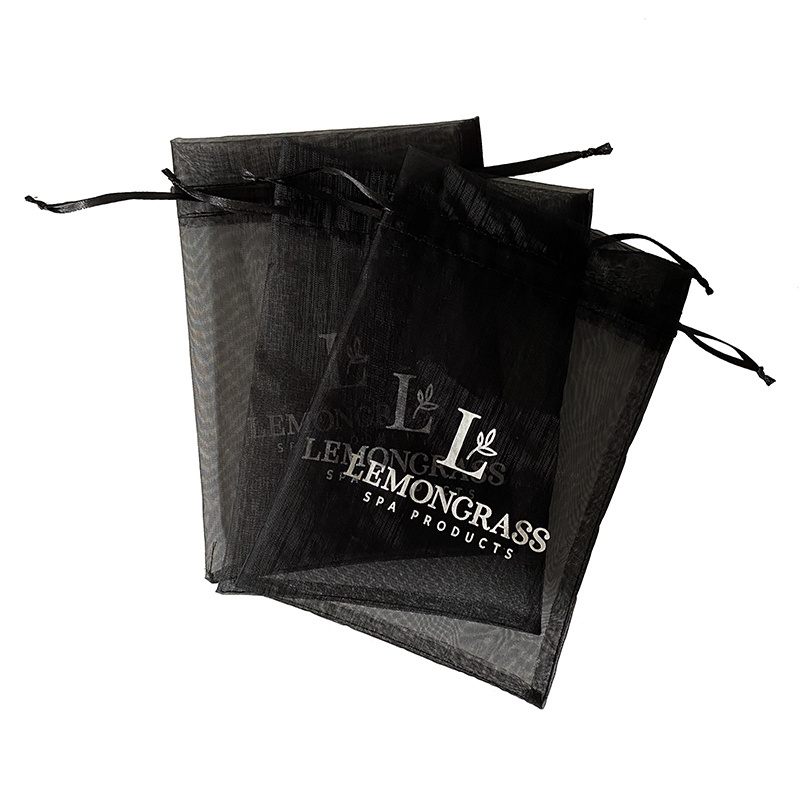 Custom Logo printed Black drawstring Organza Beauty Collection bags