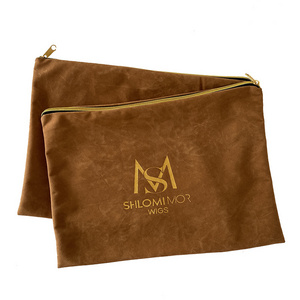 Accept Customized Logo 25x35cm Luxury Brown Velvet Hair Zipper Pouches Wig Gift Bags