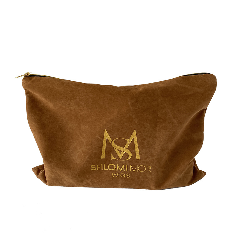 Accept Customized Logo 25x35cm Luxury Brown Velvet Hair Zipper Pouches Wig Gift Bags