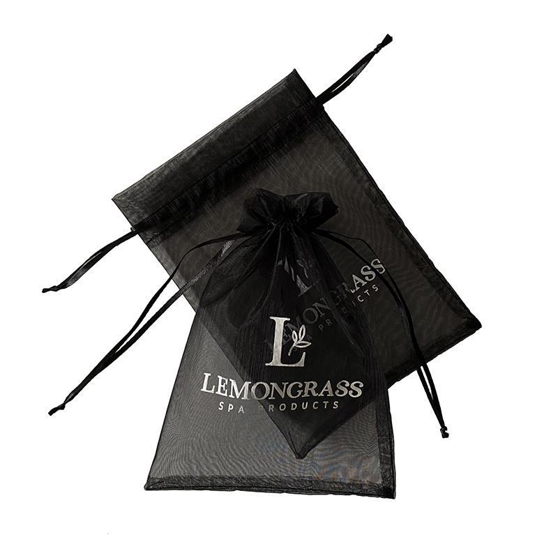 Custom Logo printed Black drawstring Organza Beauty Collection bags