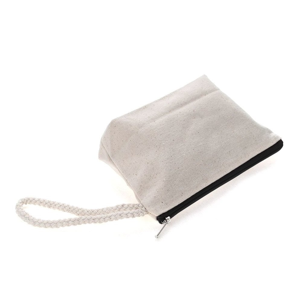 Accept Customized Logo Natural Cotton Canvas Jewelry Pouches with Black Zip Wristlet Cosmetics Bags