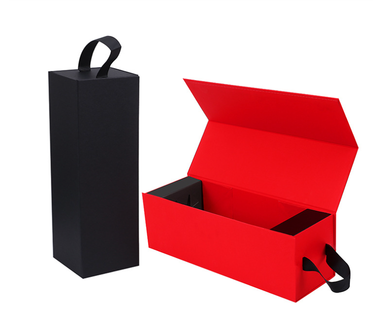 Custom logo black luxury red wine magnetic paper folding box foldable packing wine bottle packaging gift wine box