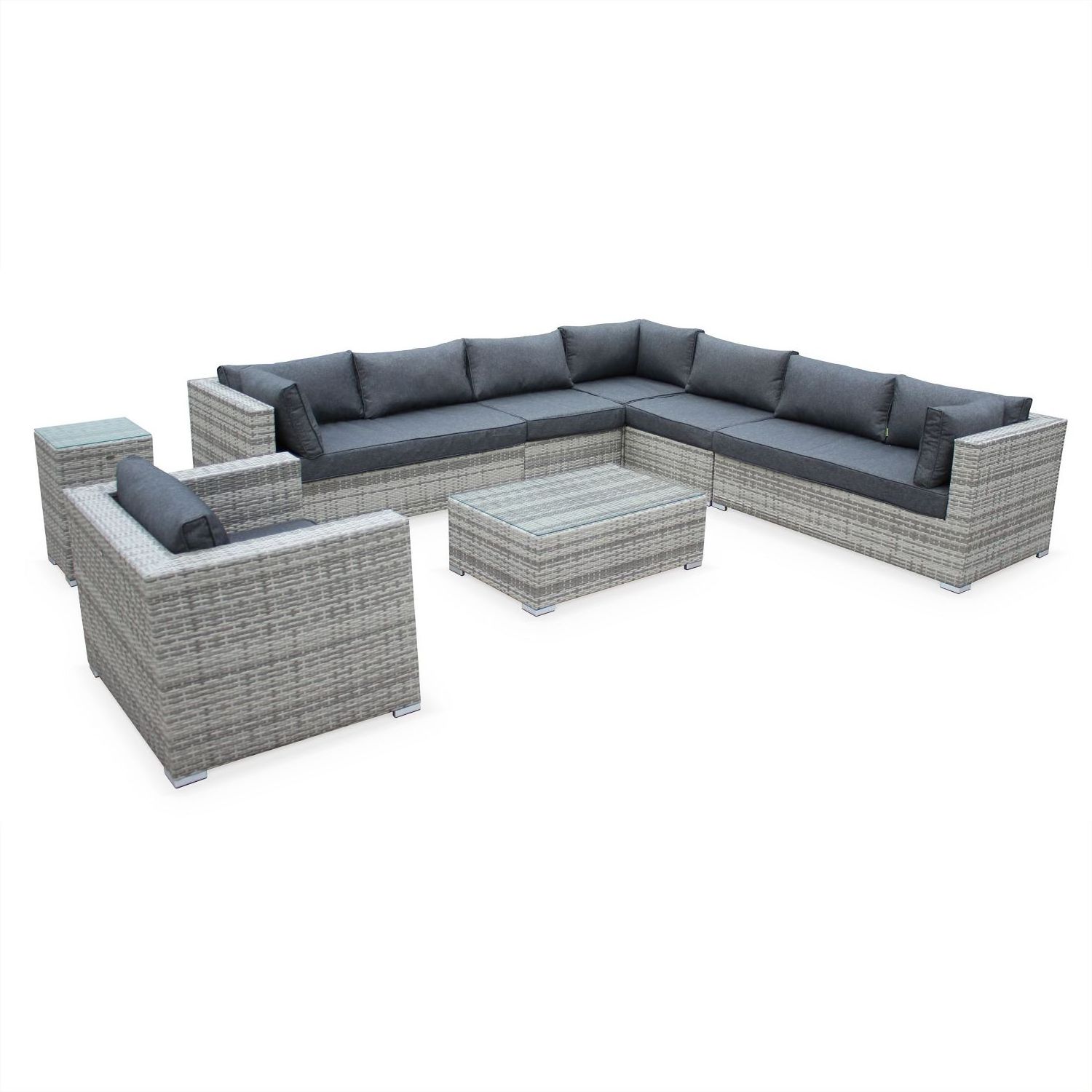 Poly rattan Lounge Seating Set for Garden, Balcony and Patio, Garden Furniture Set with Corner Sofa and Dining Table