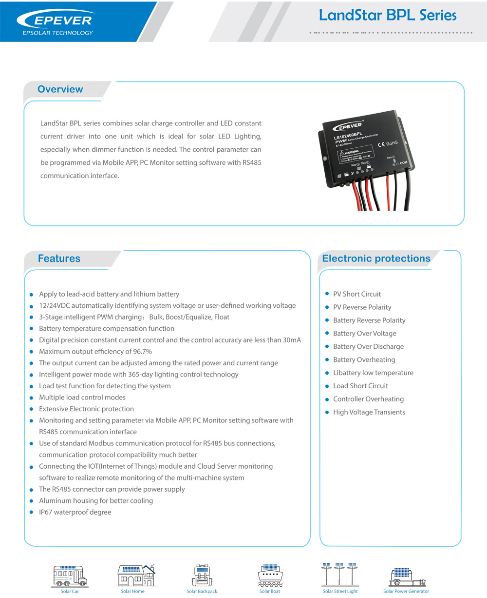 LS102460BPL 10 amp 12V/24V lifepo4 battery PWM solar charge controller for all in one solar street light with timer control