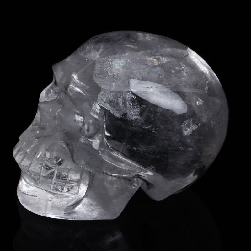 High Quality Beautiful Hand Carved Polished Clear Quartz Crystal Skull with Rainbow Crackle for Decoration