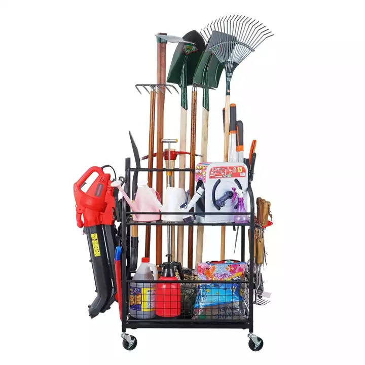 Metallic Garden Tool Organizer And Storage Garage Tool Rack Storage Shed Tools holder With Wheels