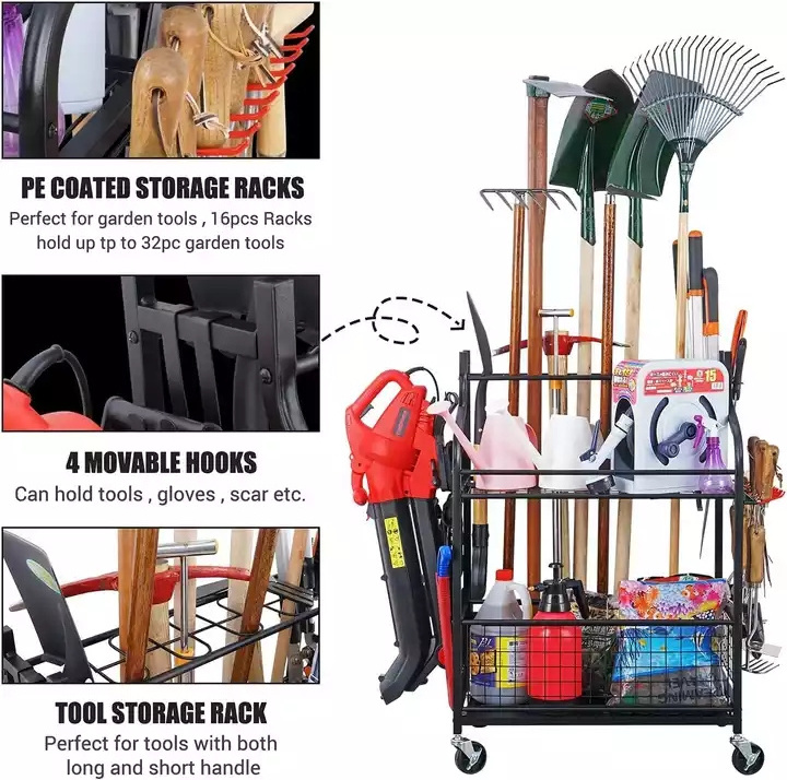 Metallic Garden Tool Organizer And Storage Garage Tool Rack Storage Shed Tools holder With Wheels