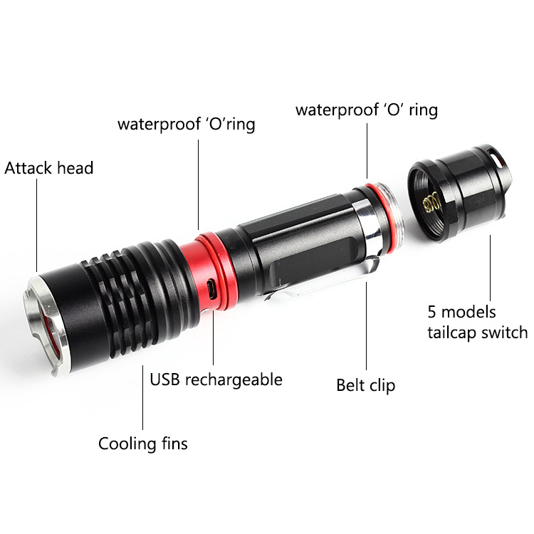 Camping super bright high power attack head 1000 lumen water resistant usb rechargeable tactical led flashlight