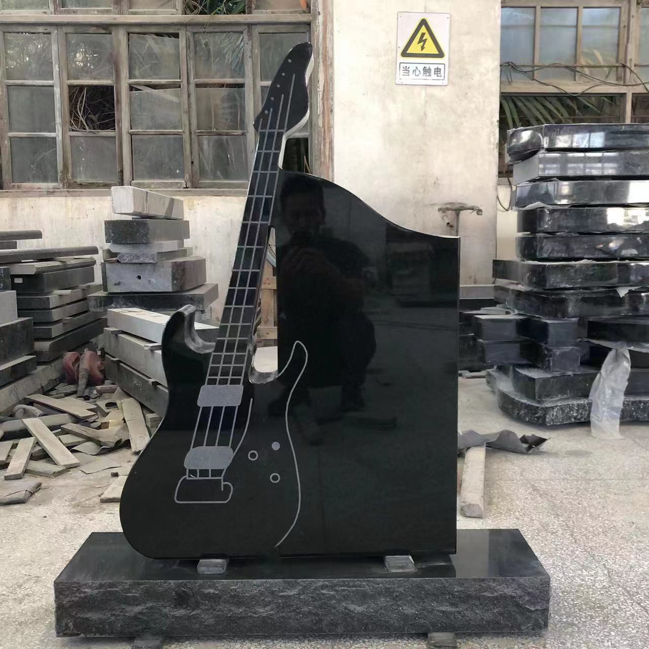 American Style Absolute Black Granite Guitar Design Headstones With base for Cemetery Monuments Grave Tombstone